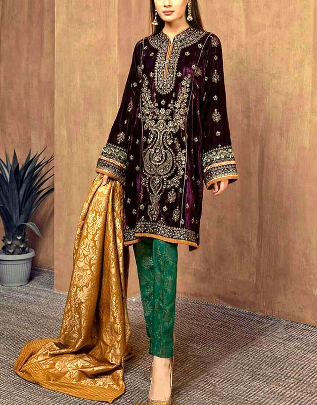 Heavy Embroidered Velvet Party Wear Dress with Jamawar Trouser 2026