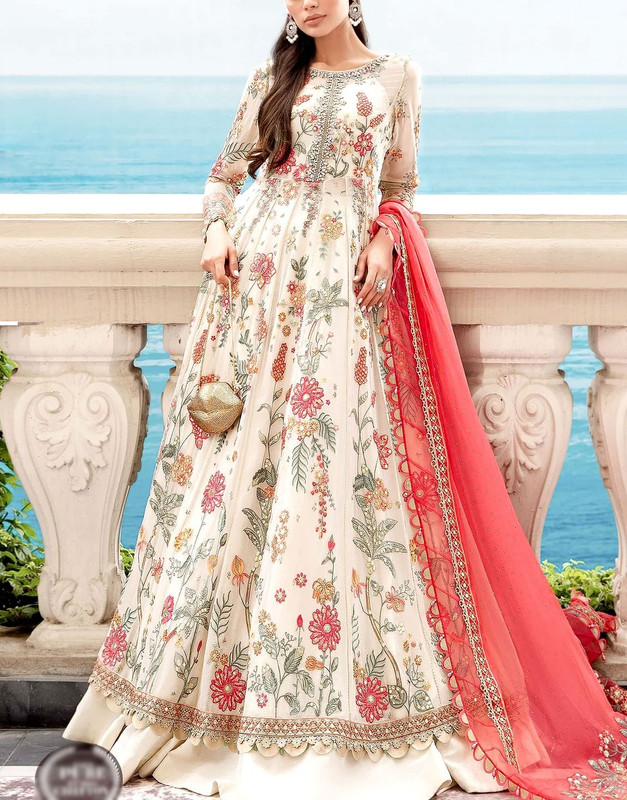 Luxury Heavy Embroidered White Chiffon Maxi Dress 2026
