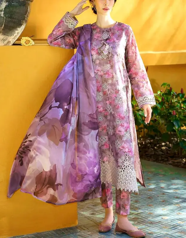 All-Over Print Schiffli Embroidered Lawn Dress Design 2025 with Chiffon Dupatta