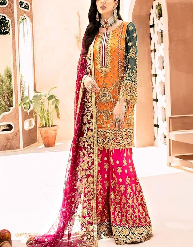 Heavy Embroidered Chiffon Bridal Dress with Embroidered Silk Trouser 2025
