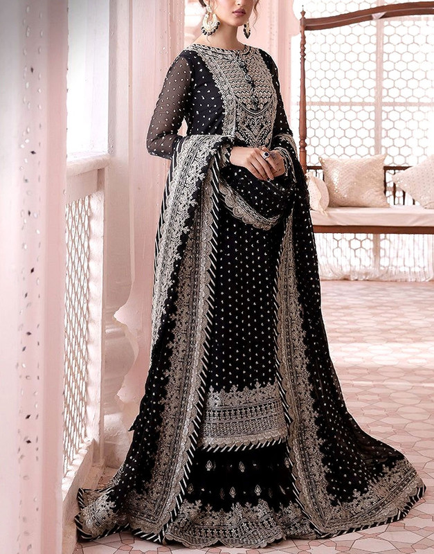 Elegant Embroidered Black Chiffon Wedding & Party Wear Dress 2026
