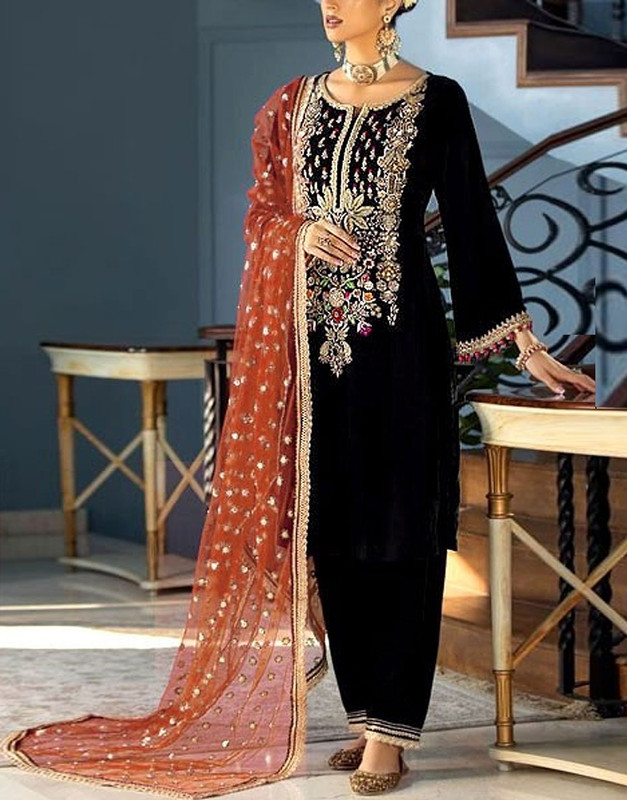 Glamorous Handwork & Heavy Embroidered Black Velvet Wedding Dress 2026