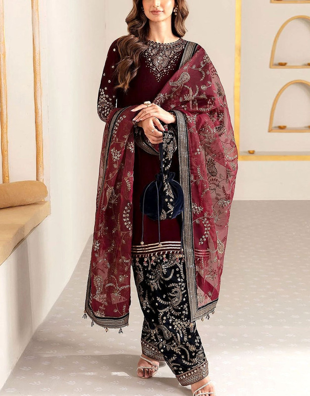 Trendy Embroidered Velvet Party Wear Dress with Emb. Silk Trouser 2026