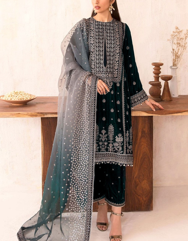 Luxury Heavy Embroidered Velvet Wedding Dress with Emb. Raw Silk Trouser 2026