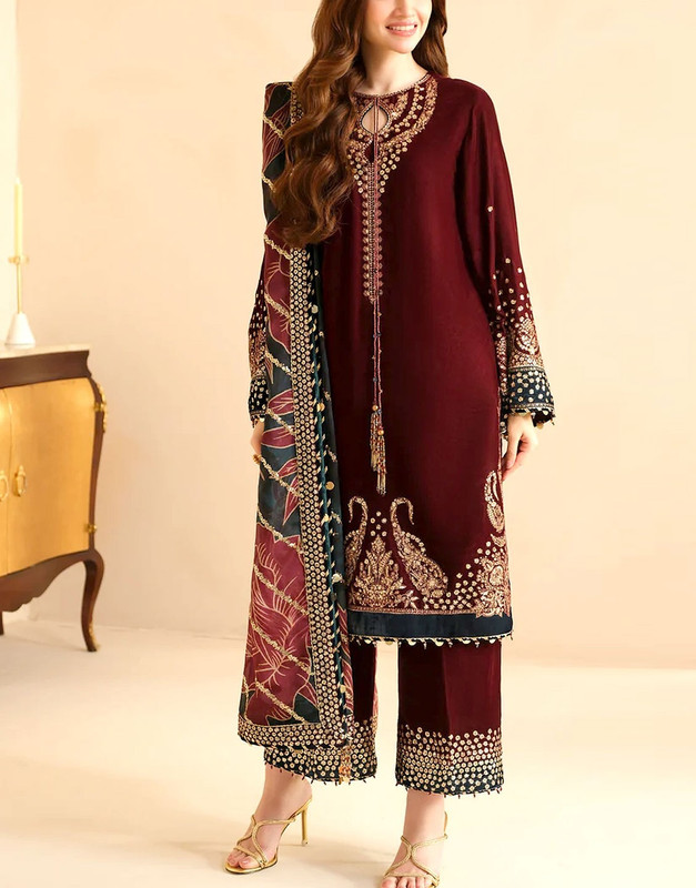 Formal Embroidered Maroon Velvet Dress 2025 with Emb. Organza Dupatta 2026