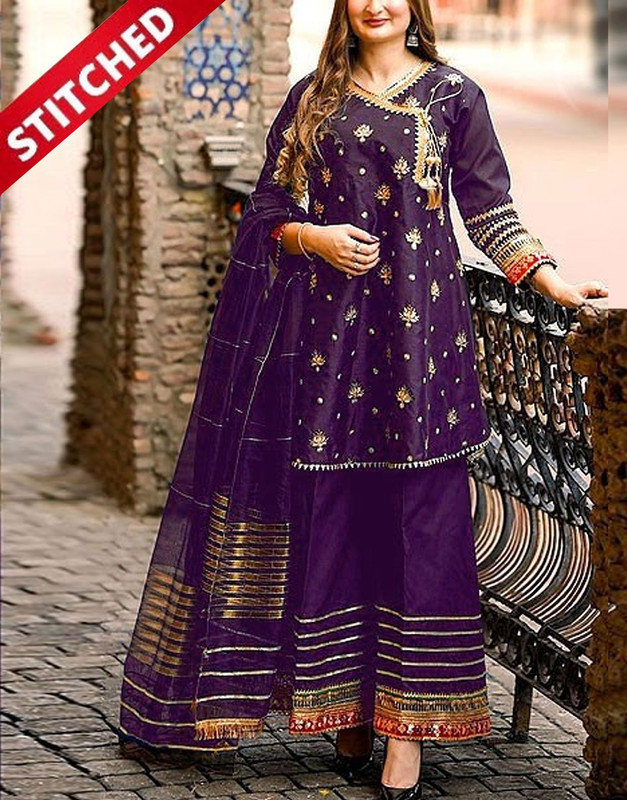 Ready-to-Wear Angrakha Style Embroidered Raw Silk Party Wear Purple Dress
