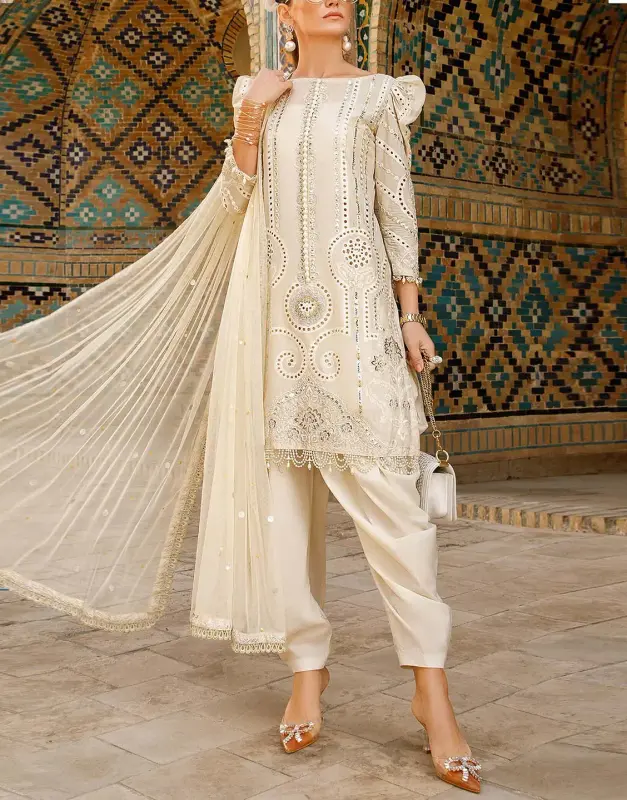 Luxury Schiffli Embroidered EID Lawn Dress with Embroidered Net Dupatta